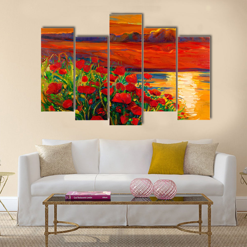 Original oil painting of Opium poppy( Papaver somniferum) field  Multi Panel Canvas Wall Art