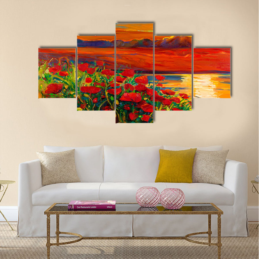 Original oil painting of Opium poppy( Papaver somniferum) field  Multi Panel Canvas Wall Art