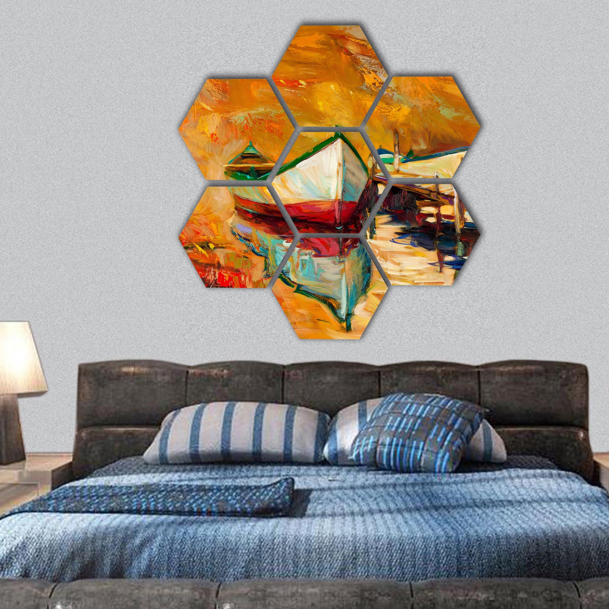 Original oil painting of boats and jetty (pier) hexagonal canvas wall art