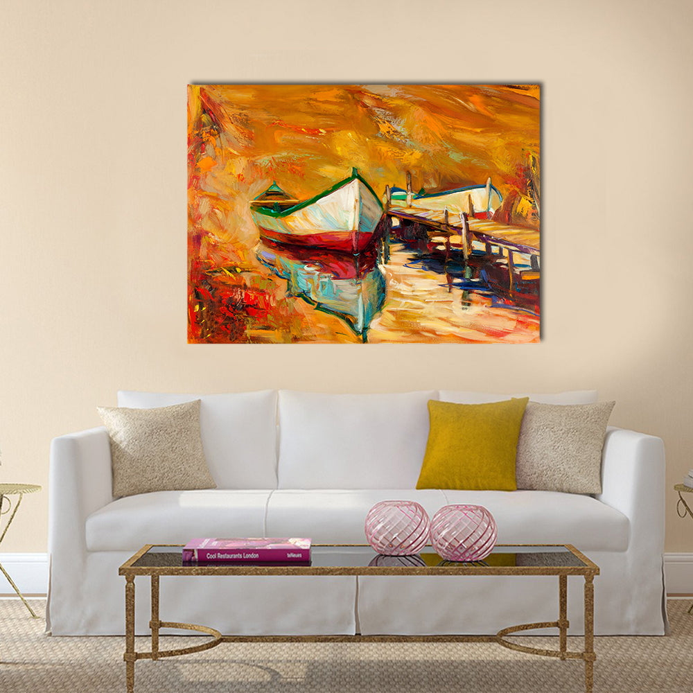 Beautiful Original oil painting of boats and jetty(pier) Multi Panel Canvas Wall Art