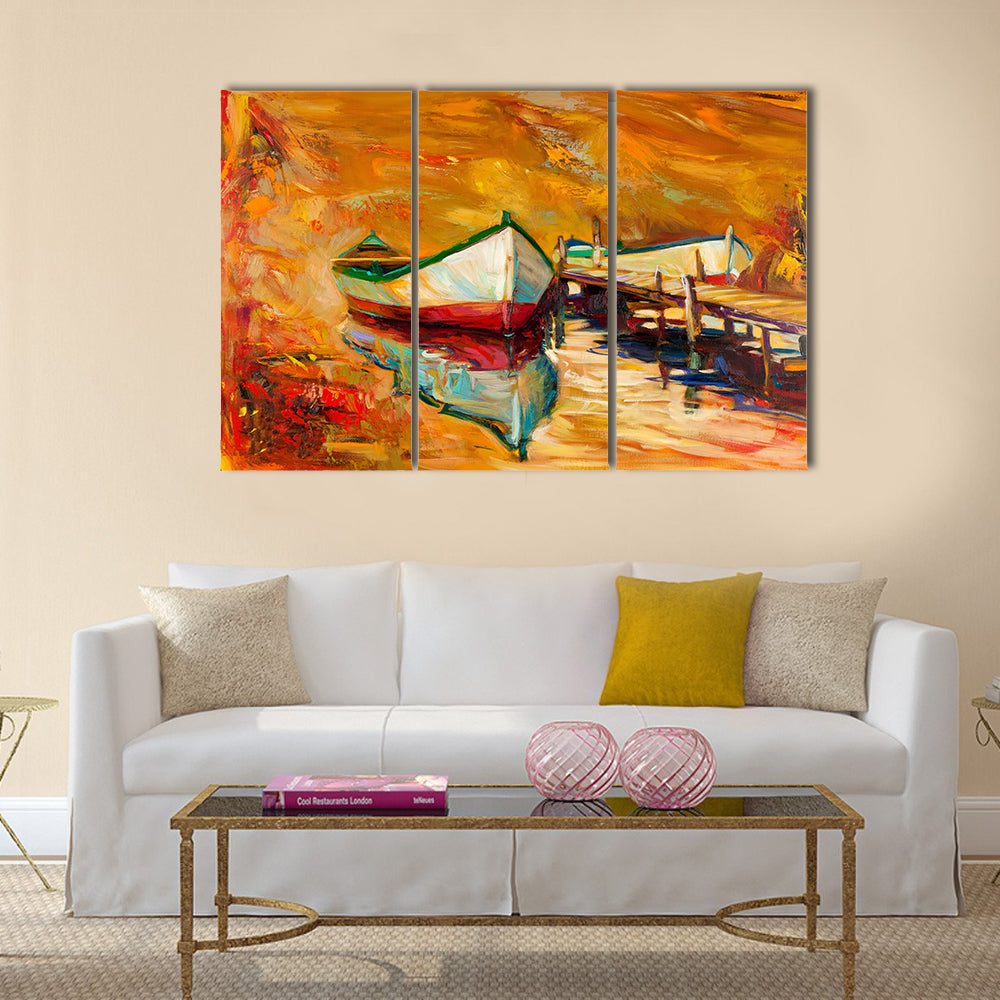 Beautiful Original oil painting of boats and jetty(pier) Multi Panel Canvas Wall Art