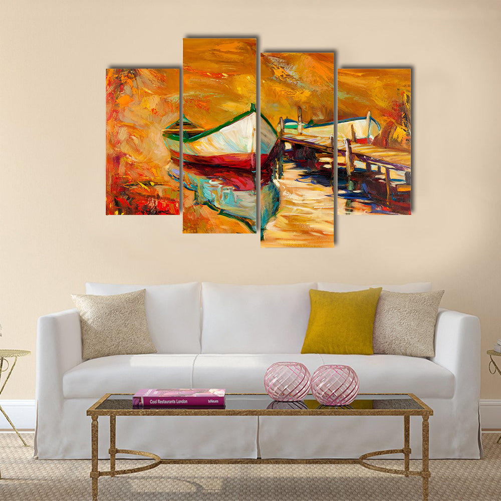 Beautiful Original oil painting of boats and jetty(pier) Multi Panel Canvas Wall Art