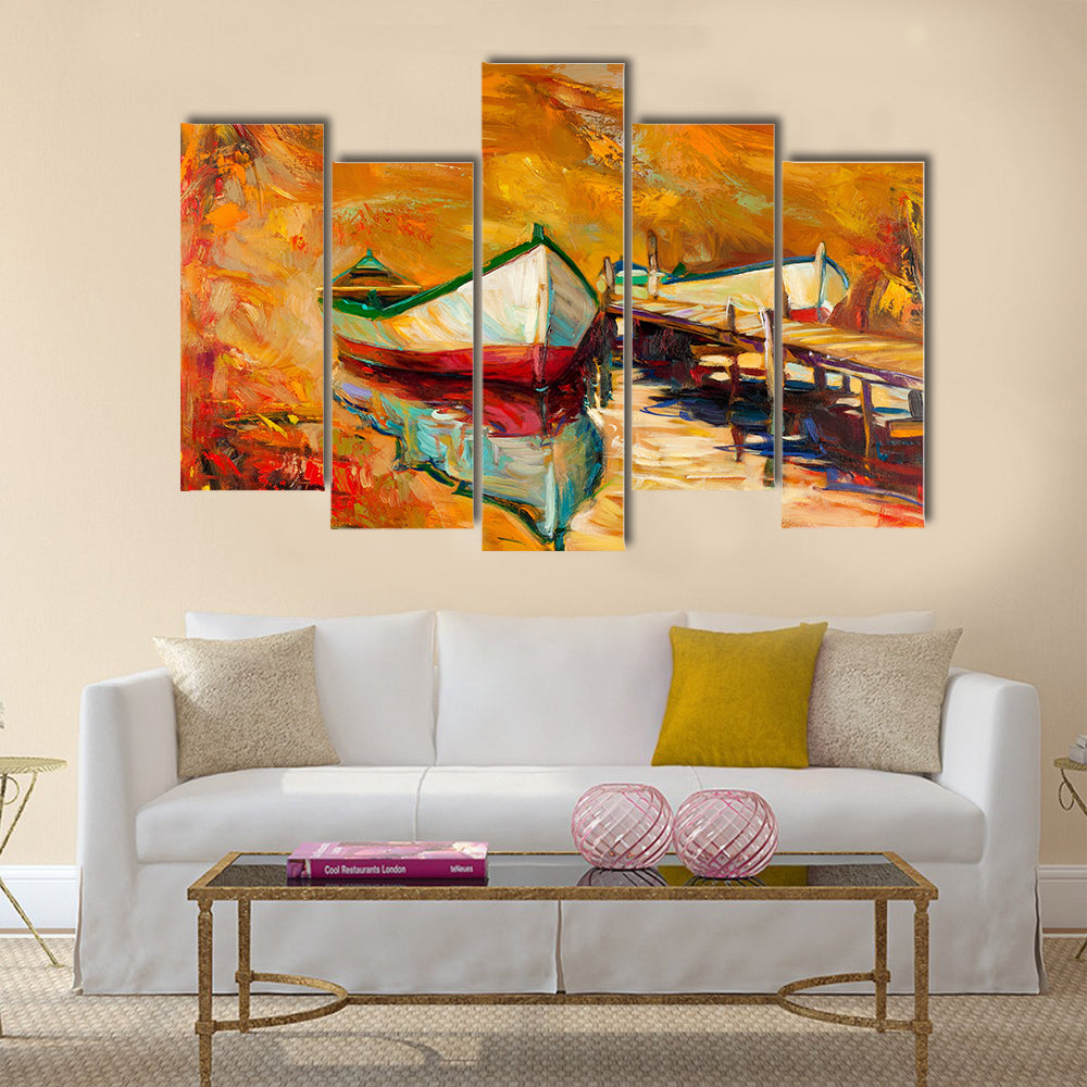 Beautiful Original oil painting of boats and jetty(pier) Multi Panel Canvas Wall Art