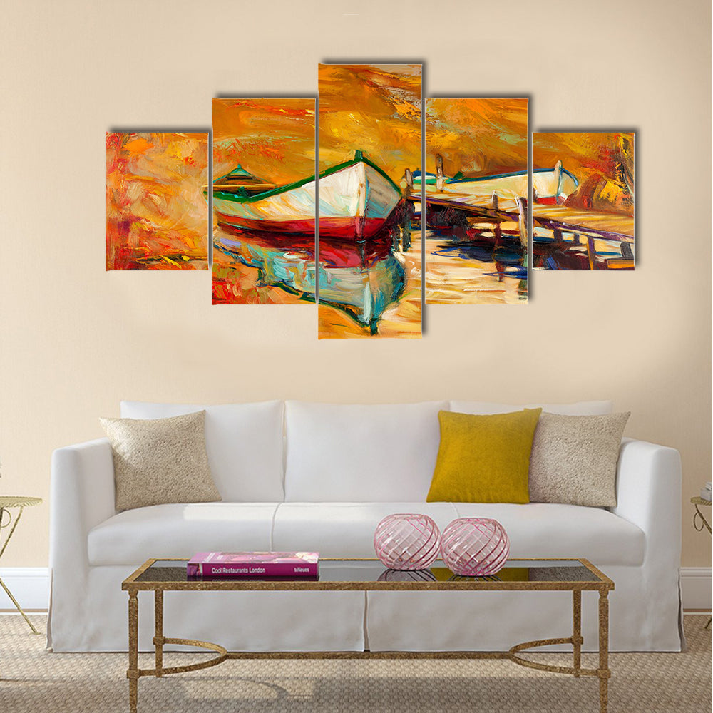 Beautiful Original oil painting of boats and jetty(pier) Multi Panel Canvas Wall Art