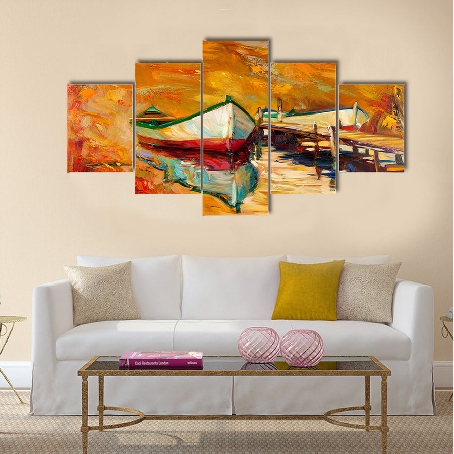 Beautiful Original oil painting of boats and jetty(pier) Multi Panel Canvas Wall Art
