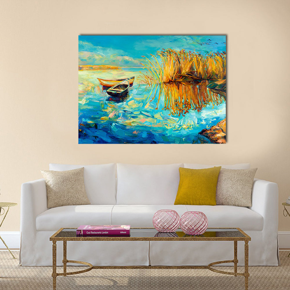 Original oil painting of boats,beautiful lake and Fern(rush) on canvas. Multi panel canvas wall art