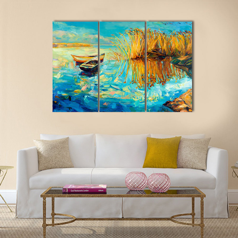 Original oil painting of boats,beautiful lake and Fern(rush) on canvas. Multi panel canvas wall art
