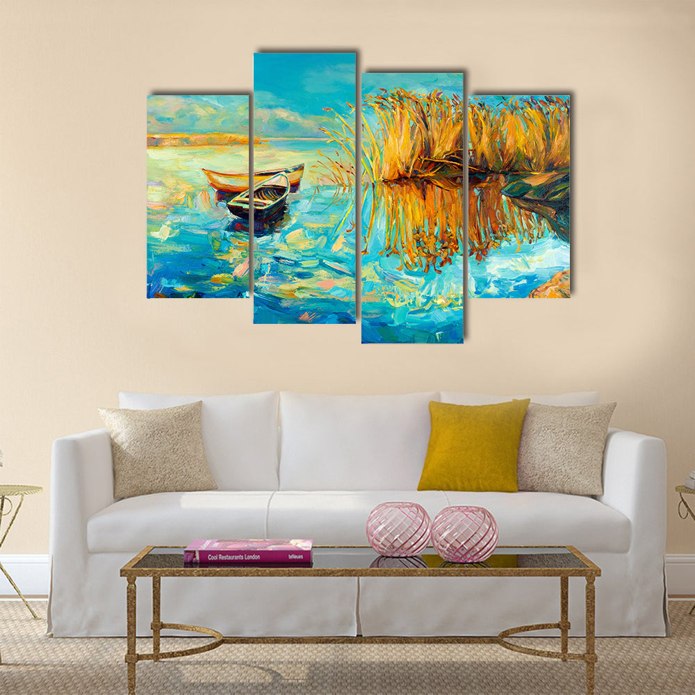 Original oil painting of boats,beautiful lake and Fern(rush) on canvas. Multi panel canvas wall art