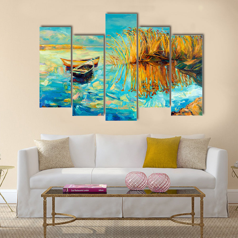 Original oil painting of boats,beautiful lake and Fern(rush) on canvas. Multi panel canvas wall art