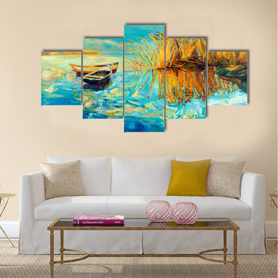 Original oil painting of boats,beautiful lake and Fern(rush) on canvas. Multi panel canvas wall art