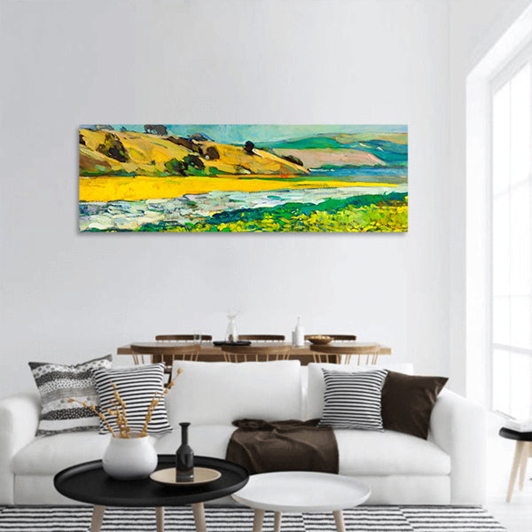 Oil painting of river coast and cliffs Mountain landscape panoramic canvas wall art