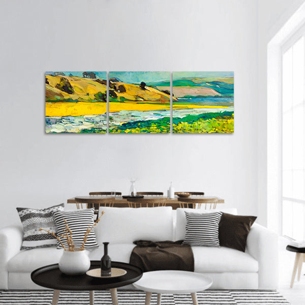 Oil painting of river coast and cliffs Mountain landscape panoramic canvas wall art
