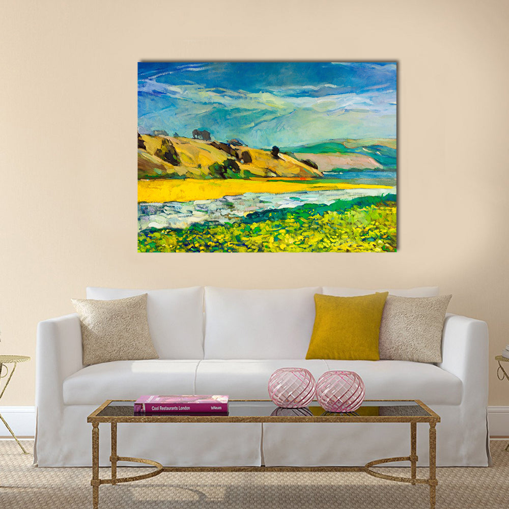 Original oil painting of river coast and cliffs on canvas Multi Panel Canvas Wall Art