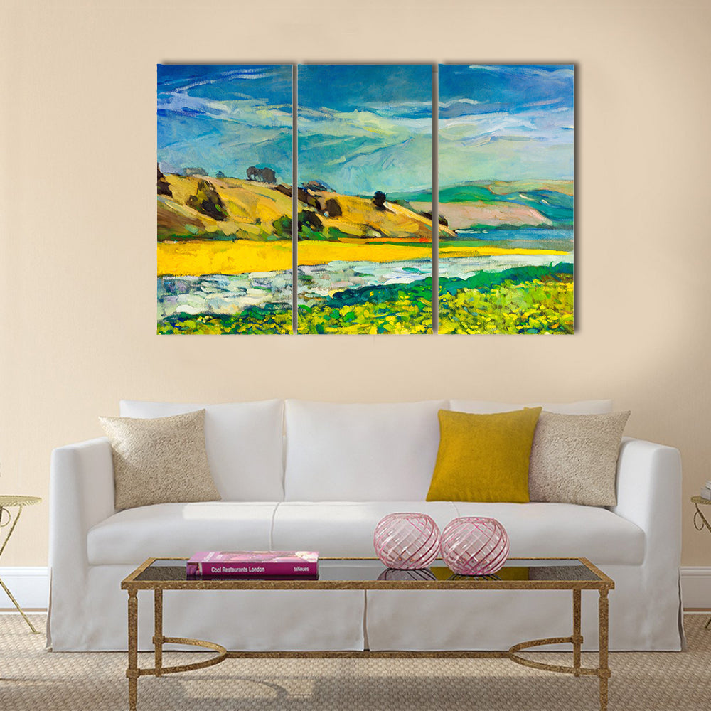 Original oil painting of river coast and cliffs on canvas Multi Panel Canvas Wall Art