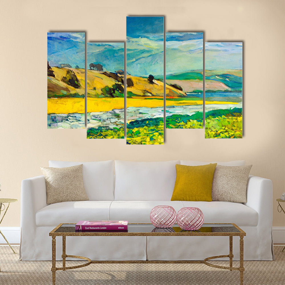 Original oil painting of river coast and cliffs on canvas Multi Panel Canvas Wall Art