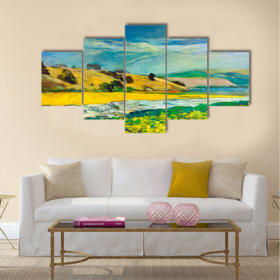 Original oil painting of river coast and cliffs on canvas Multi Panel Canvas Wall Art