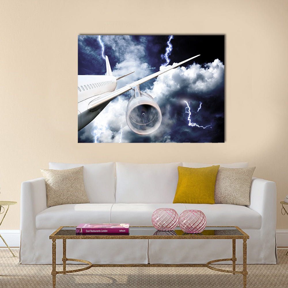 Airplane crash in a storm with lightning concept accident airplane in the sky emergency landing flights in bad weather multi panel canvas wall art
