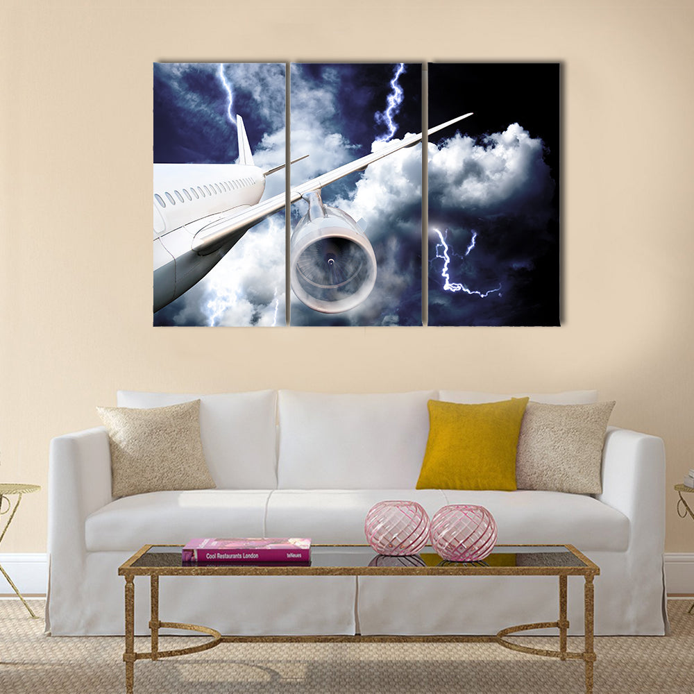 Airplane crash in a storm with lightning concept accident airplane in the sky emergency landing flights in bad weather multi panel canvas wall art