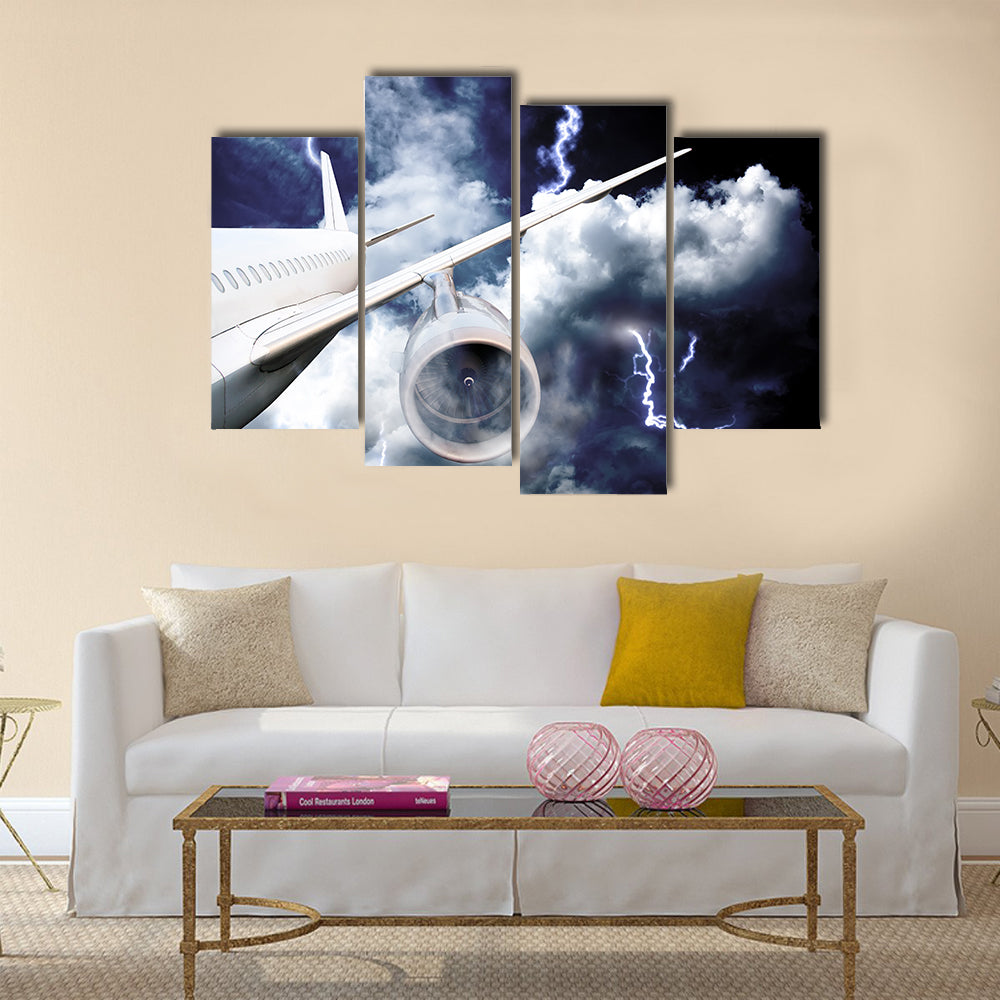 Airplane crash in a storm with lightning concept accident airplane in the sky emergency landing flights in bad weather multi panel canvas wall art