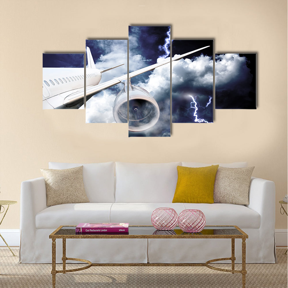 Airplane crash in a storm with lightning concept accident airplane in the sky emergency landing flights in bad weather multi panel canvas wall art