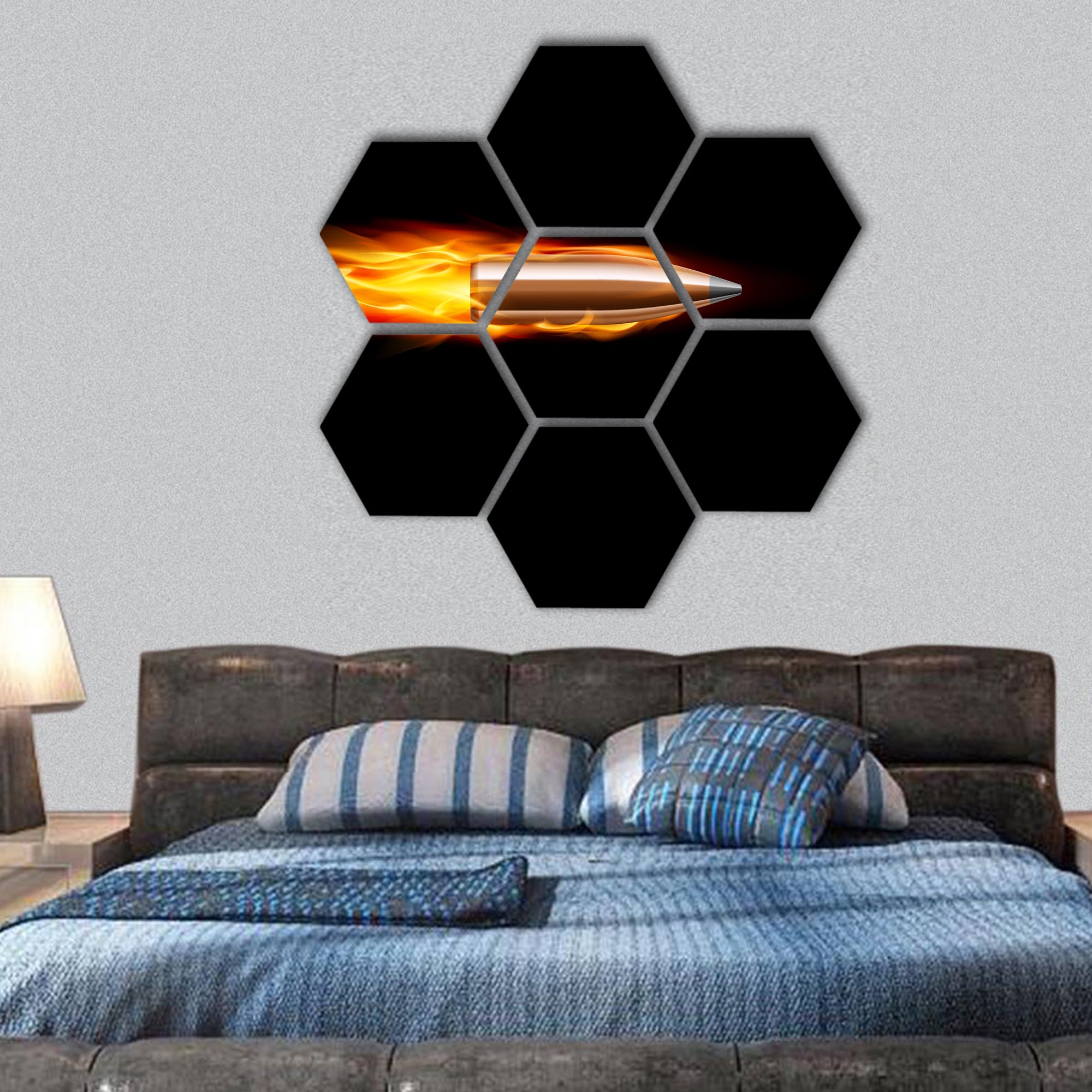 Moving Red Fiery Gun Bullet Shot hexagonal canvas wall art