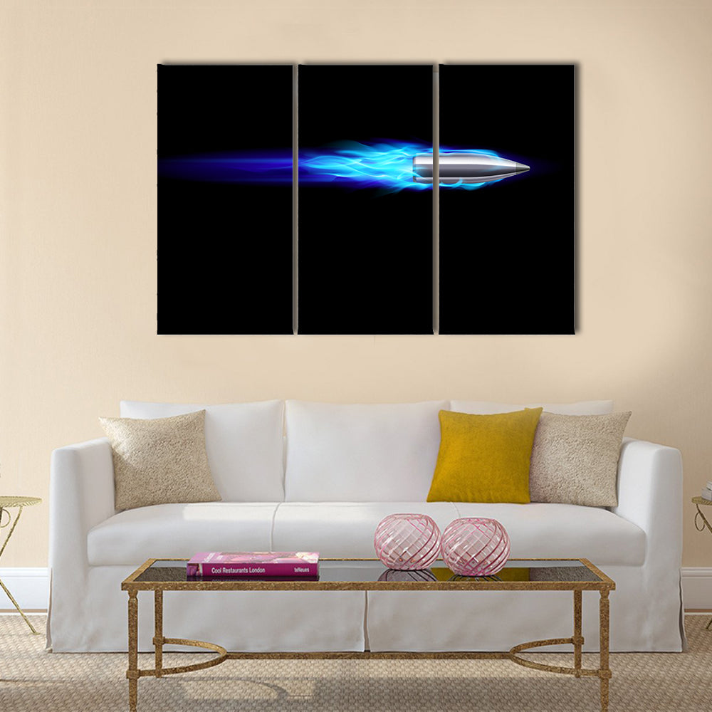 Moving Blue Fiery Gun Bullet Shot. multi panel canvas wall art