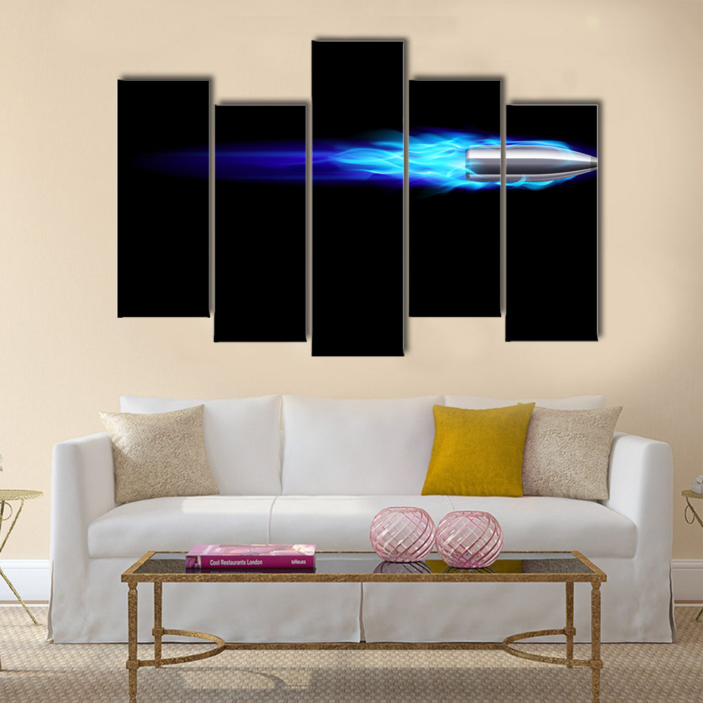 Moving Blue Fiery Gun Bullet Shot. multi panel canvas wall art