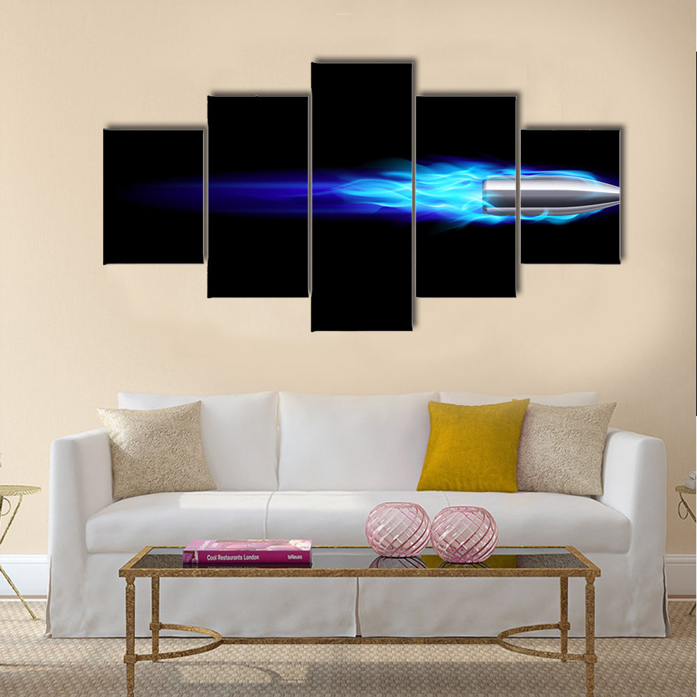 Moving Blue Fiery Gun Bullet Shot. multi panel canvas wall art