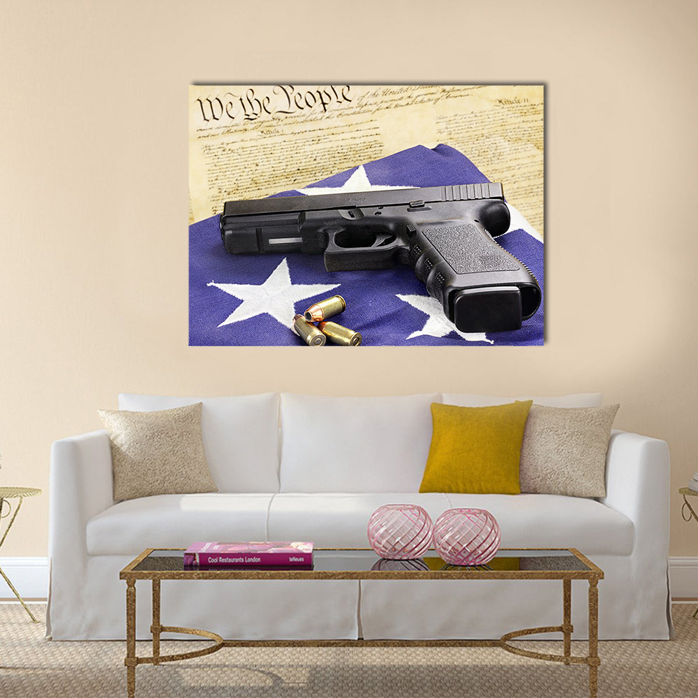 A 45 caliber handgun and ammunition  multi panel canvas wall art