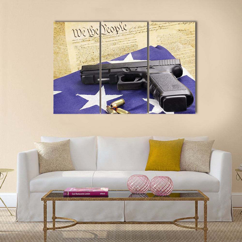 A 45 caliber handgun and ammunition  multi panel canvas wall art