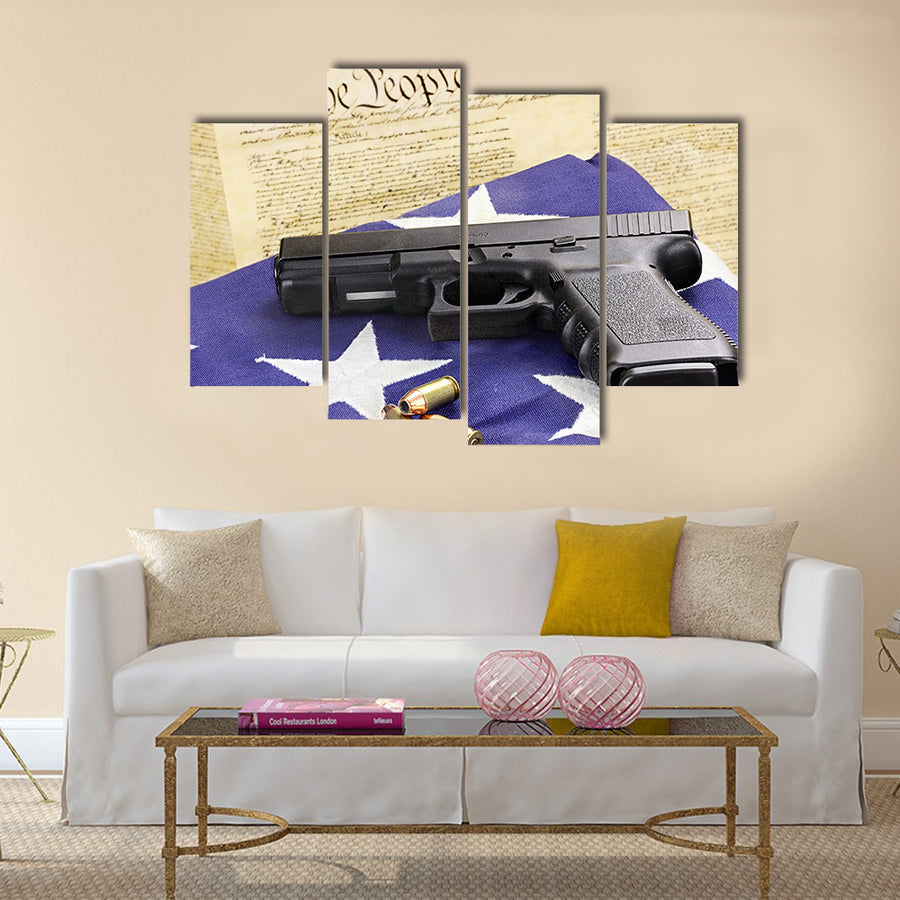 A 45 caliber handgun and ammunition  multi panel canvas wall art