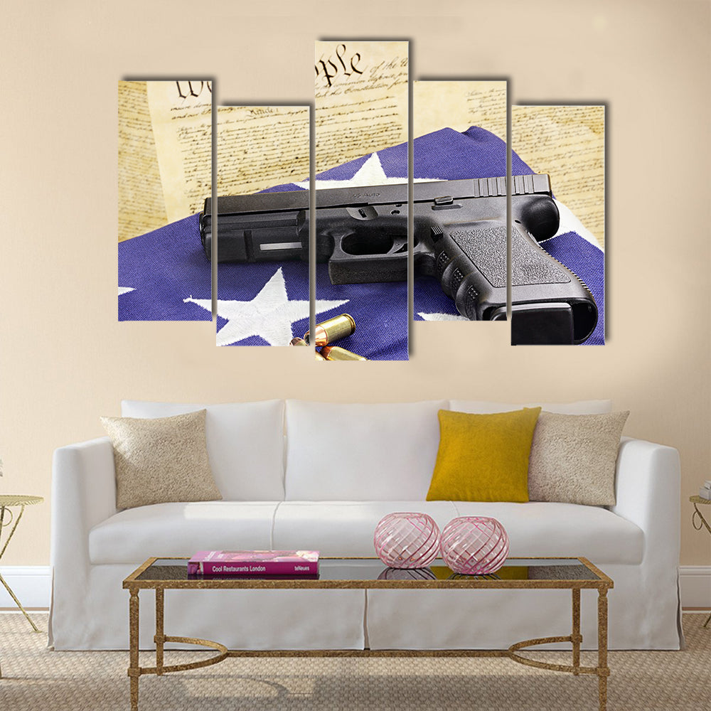 A 45 caliber handgun and ammunition  multi panel canvas wall art
