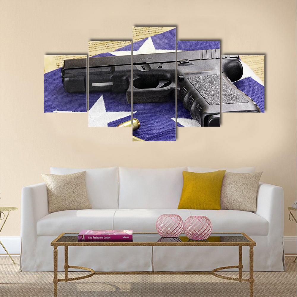 A 45 caliber handgun and ammunition  multi panel canvas wall art
