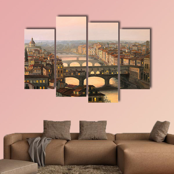 Sunset over Florence with the river and ponte vecchio panel canvas wall art