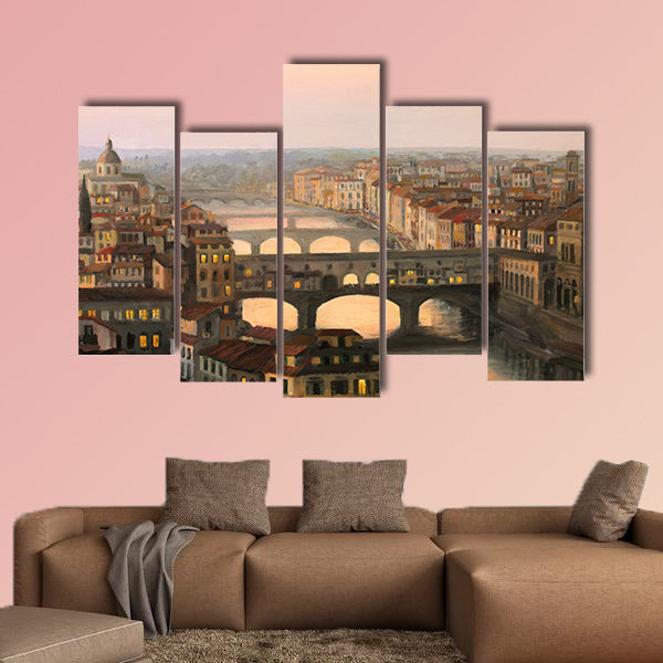 Sunset over Florence with the river and ponte vecchio panel canvas wall art