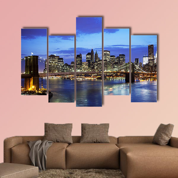Brooklyn bridge and skyline at night Multi panel canvas wall art
