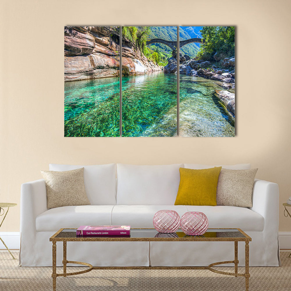 The double-arched stone bridge Ponte dei salti in Lavertezzo multi panel canvas wall art