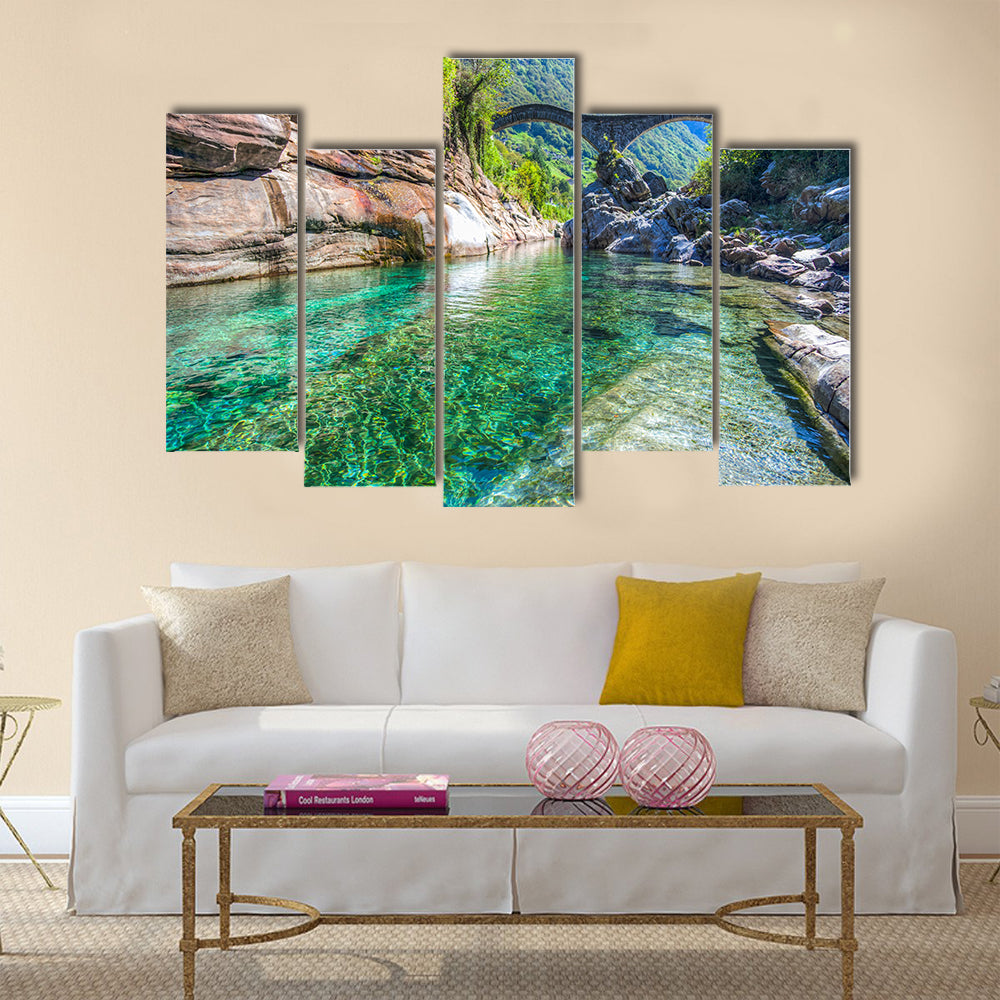 The double-arched stone bridge Ponte dei salti in Lavertezzo multi panel canvas wall art