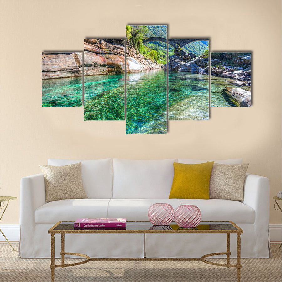 The double-arched stone bridge Ponte dei salti in Lavertezzo multi panel canvas wall art