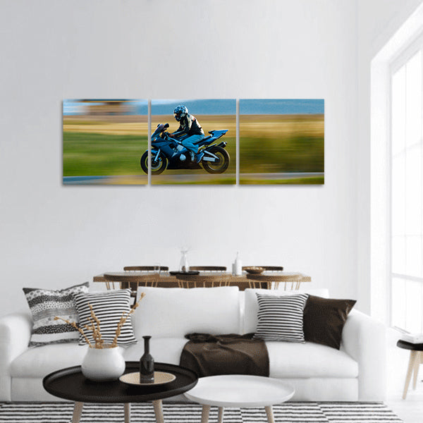 A motorbike speed on the street panoramic canvas wall art