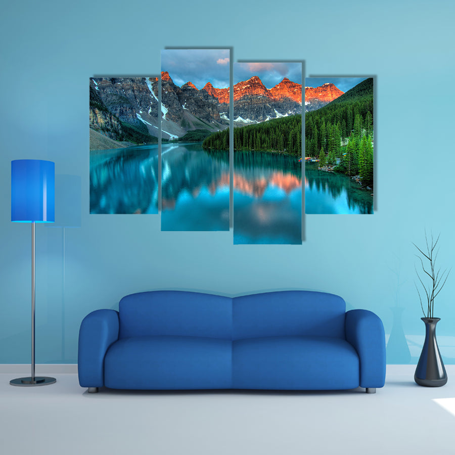 Taken at the peak of color during the morning sunrise at Moraine Lake in Banff National park multi panel canvas wall art