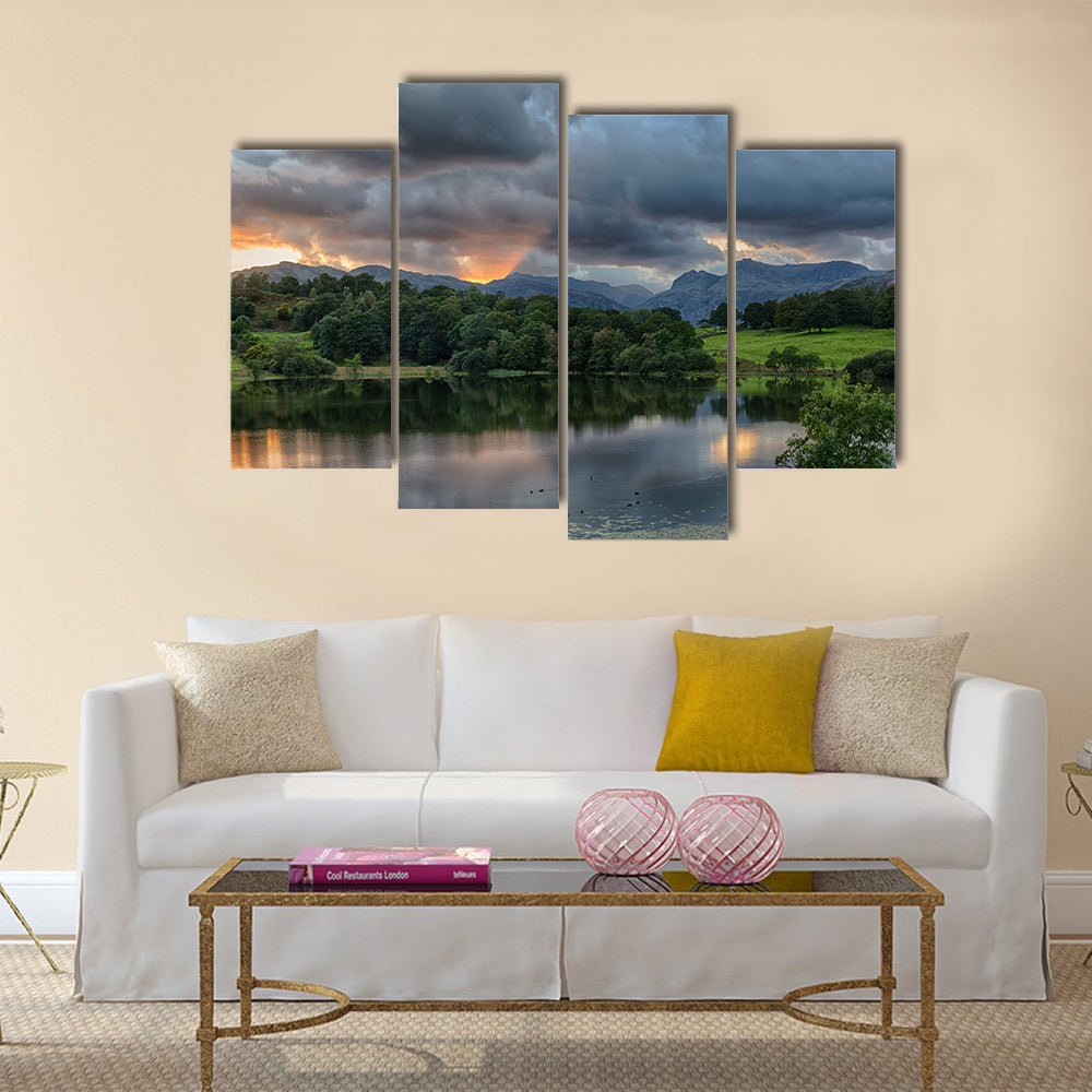 The Sun setting over the Langdale Pikes with Loughrigg Tarn multi panel canvas wall art