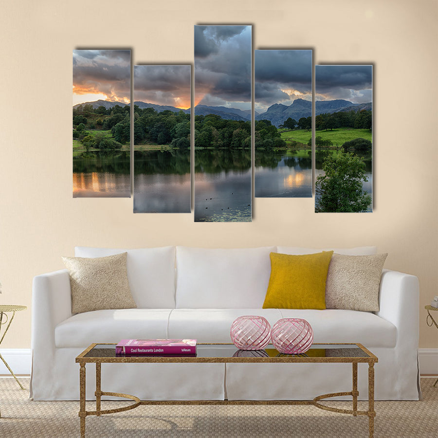 The Sun setting over the Langdale Pikes with Loughrigg Tarn multi panel canvas wall art