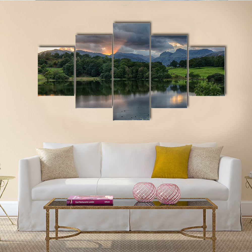 The Sun setting over the Langdale Pikes with Loughrigg Tarn multi panel canvas wall art