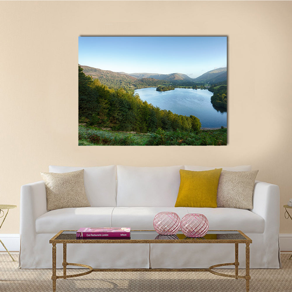 Overlook of Grasmere in Lake District as sunrise multi panel canvas wall art