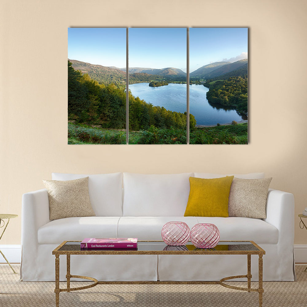 Overlook of Grasmere in Lake District as sunrise multi panel canvas wall art