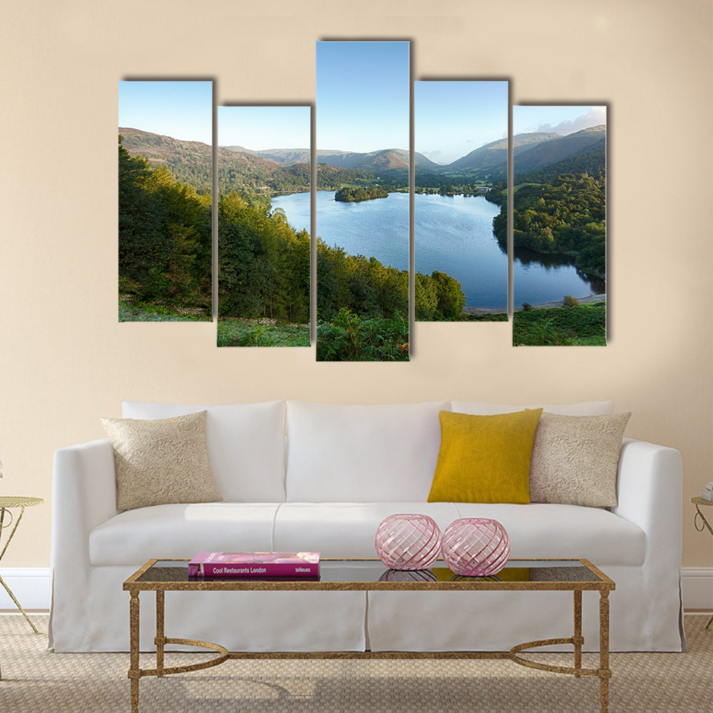Overlook of Grasmere in Lake District as sunrise multi panel canvas wall art