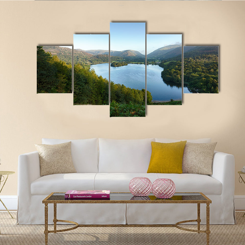 Overlook of Grasmere in Lake District as sunrise multi panel canvas wall art