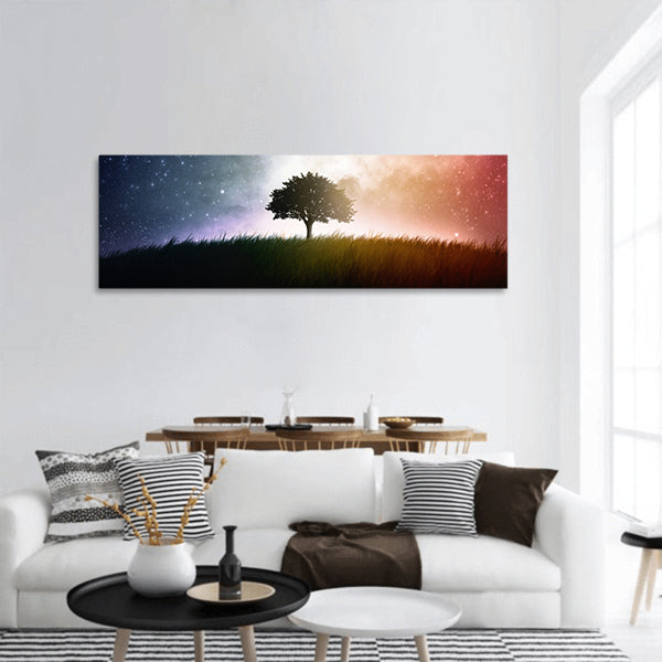 A single tree in a field with beautiful space background panoramic canvas wall art