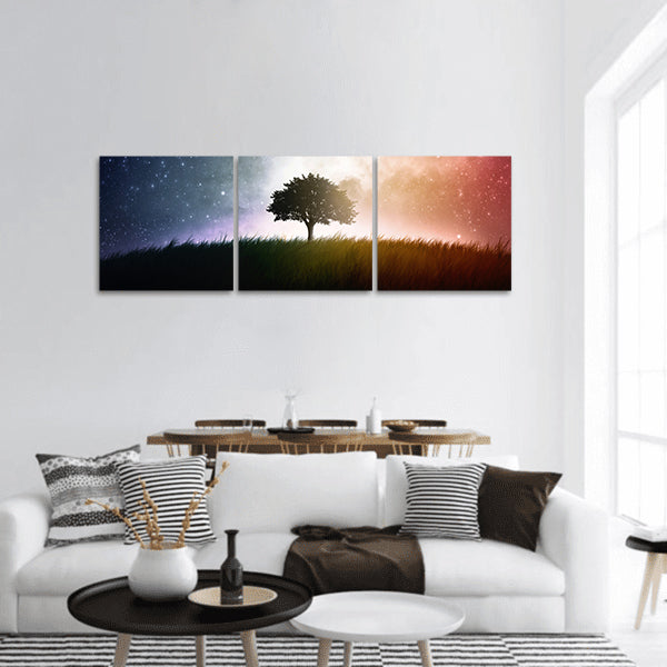 A single tree in a field with beautiful space background panoramic canvas wall art